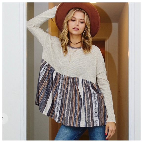 Boho chic Ethnic print color block tunic top - Picture 5 of 7